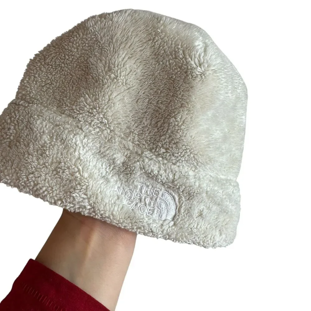 The North Face Beige Fleece One Size Beanie Hat For Child White embroidered logo